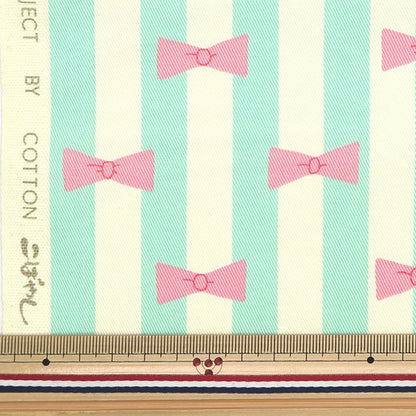 [From quantity 5] Fabric "Twill print Ribbon& Stripe Cream Soda KTS6916-E] COTTON KOBAYASHI