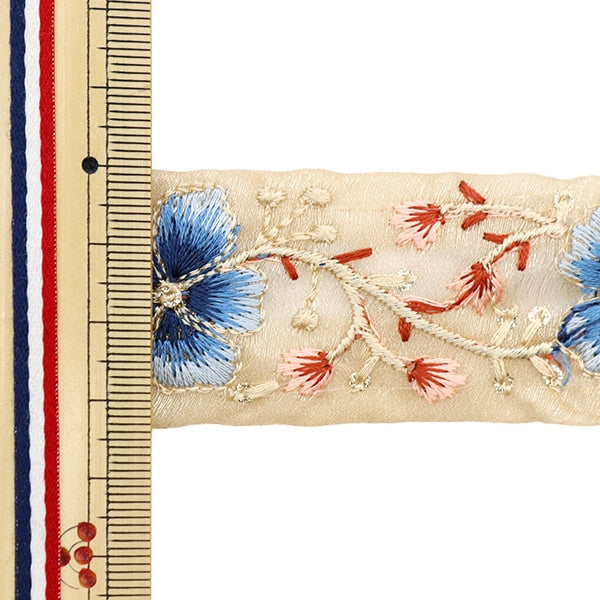 [From quantity 5] HandicraftTrim 『2022 Indian embroidery trim Beige x Blue 45122E]