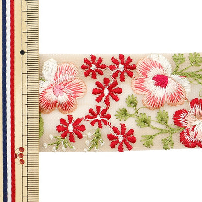 [From quantity 5] HandicraftTrim 『2022 Indian embroidery trim Beige x Red 45198a]