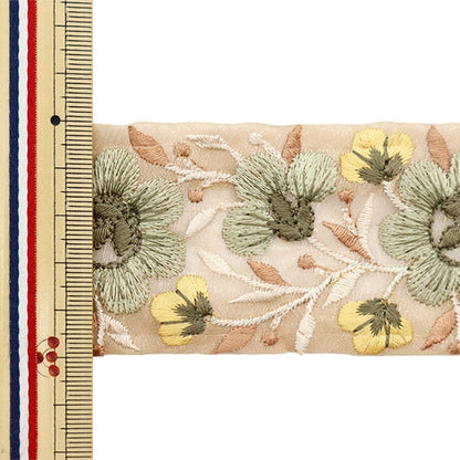 [From quantity 5] HandicraftTrim 『2022 Indian embroidery trim Beige x Green 092B]