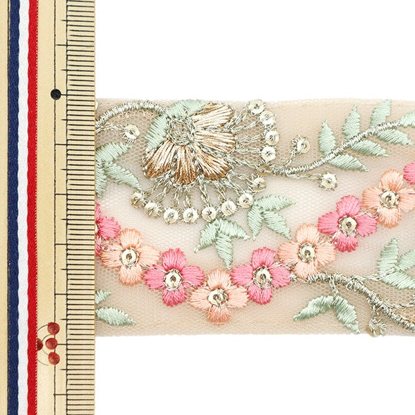 [De la quantité 5] artisanatGarniture "2023 Garniture de broderie indienne Beige x rose 779d"