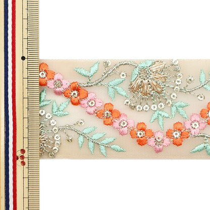 [From quantity 5] HandicraftTrim 『2023 Indian embroidery trim Beige x Orange 779E]