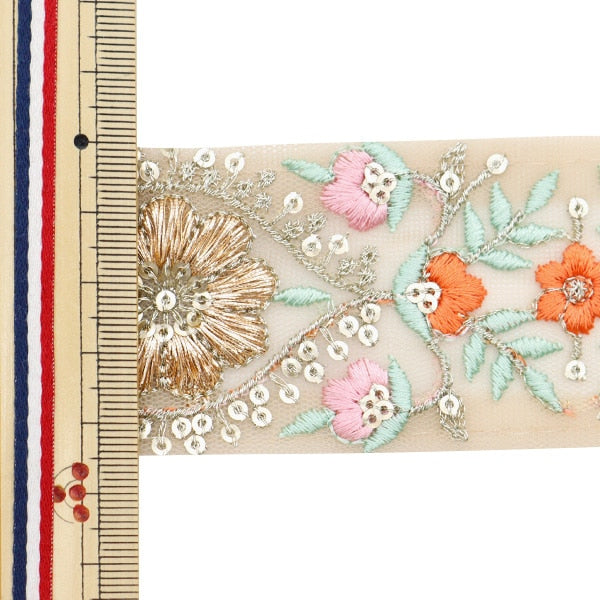 [From quantity 5] HandicraftTrim 『2023 Indian embroidery trim Beige x orange 786E]