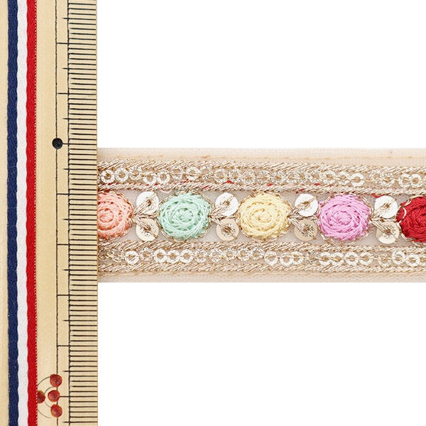 [From quantity 5] HandicraftTrim 『2023 Indian embroidery trim Beige x Red 873D]