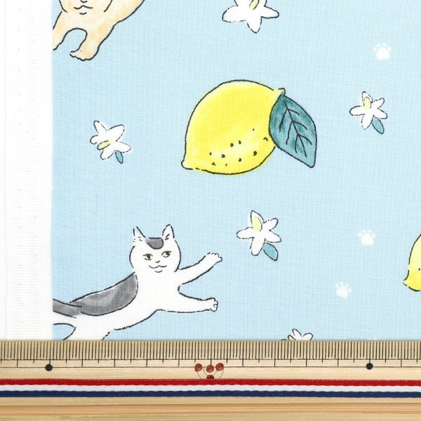 [De la quantité 5] Tissu "feuille de chat citron bleu deyt-cale-bl"