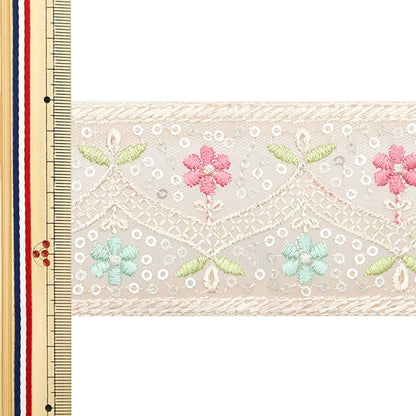 【数量5から】 手芸ブレード 『2024 インド刺繍ブレード ベージュ×グリーン 3707#2』