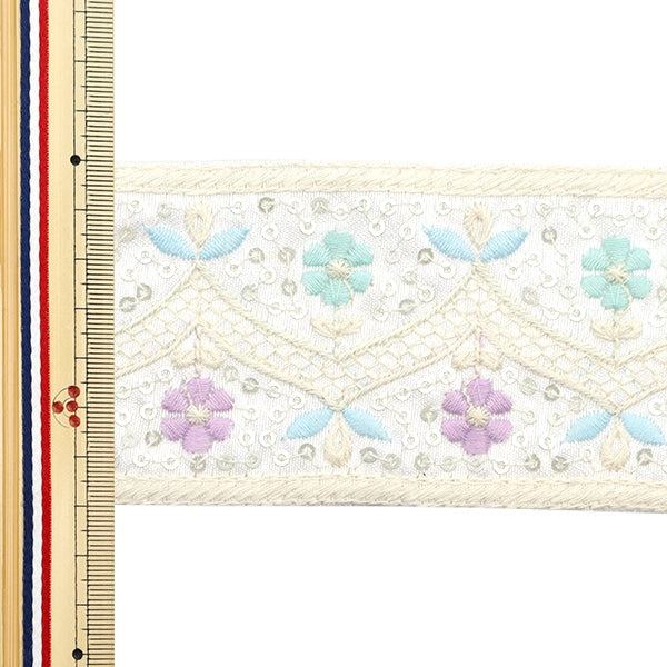 【数量5から】 手芸ブレード 『2024 インド刺繍ブレード ホワイト×パープル 3707A』