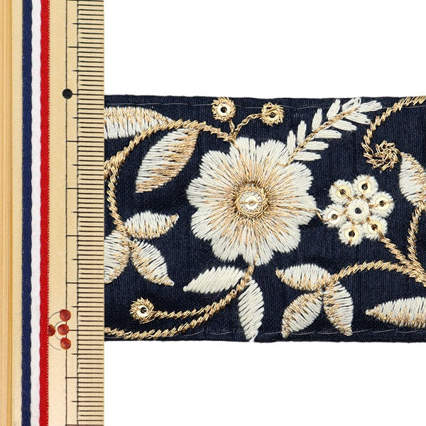 [Aus Menge 5] HandwerkBesätze 『2022 Indischer Stickereibesatz Navy X Cream 45351f]