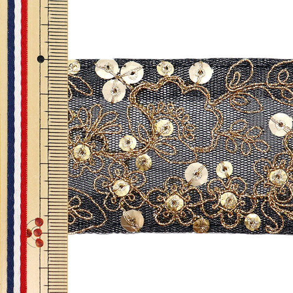 [Aus Menge 5] HandwerkBesätze 『2022 Indischer Stickereibesatz Schwarz X Gold 131b]