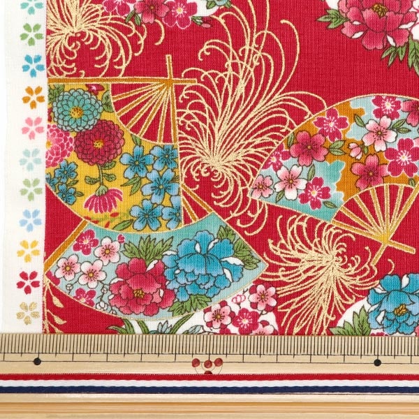 [De la cantidad 5] Fabric "Skare Golden Japonse Patrón turbulento Turbulento Chrysanthemum y Fan Red Yu850274-4-1"