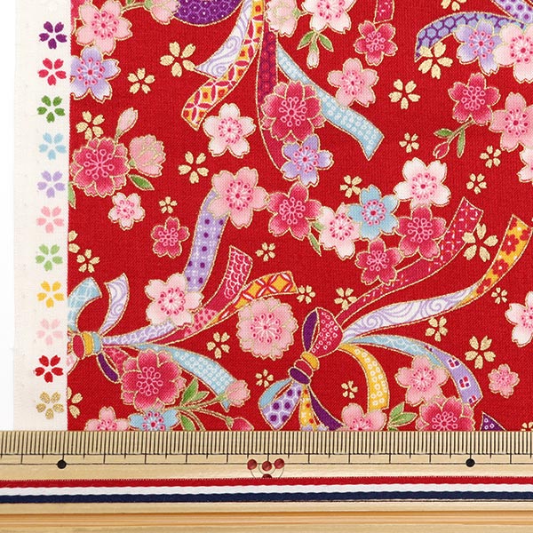 [De la cantidad 5] Fabric "Afrae el patrón dorado japonés flores de cerezo rojo YU850238-1-1"