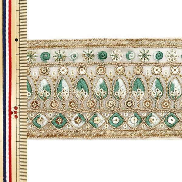 [Aus Menge 5] HandwerkBesätze 『2023 Indischer Stickereibesatz Beige X Green 3127c]