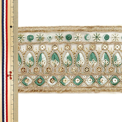 [Aus Menge 5] HandwerkBesätze 『2023 Indischer Stickereibesatz Beige X Green 3127c]