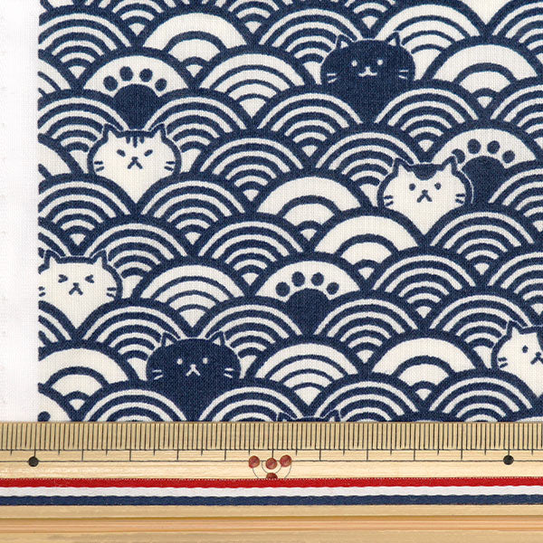 [From quantity 5] Fabric 『Scare Print Fukufuku Aomi wave cat Navy blue SQFFCATB-2C]