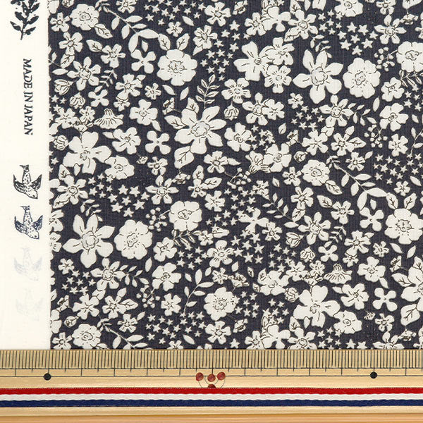 [From quantity 5] Fabric "60 loan soft texture processing drawing Fleur navy 60LA-DF-NV"