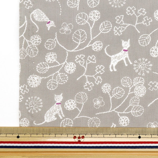 [From quantity 5] Fabric 『Sheeting Cat and leaf brown beige NO-CALE-A]