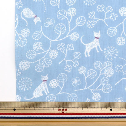 [From quantity 5] Fabric 『Sheeting Cat and leaf light blue NO-CALE-C]