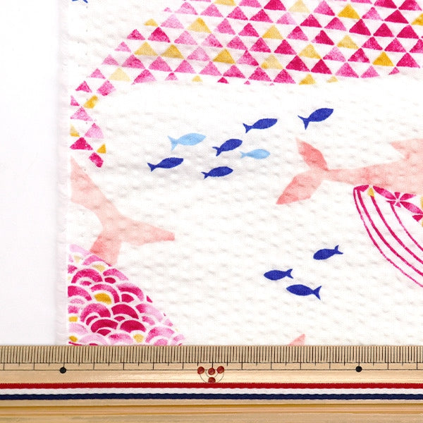 [From quantity 5] Fabric "Ripple Whale Ivory x Pink SO-58500-2B"