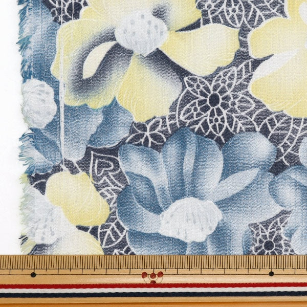 [From quantity 5] Fabric "Takashima Chimi Japanese-style flower pattern light blue x yellow 205041-21"