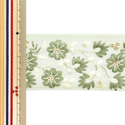 [De la quantité 5] artisanatGarniture "2024 Garniture de broderie indienne Vert x blanc 3530c