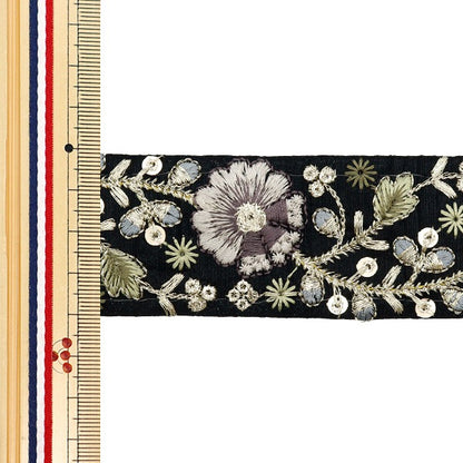 [De la quantité 5] artisanatGarniture "2024 Garniture de broderie indienne Noir x jaune 47164c"