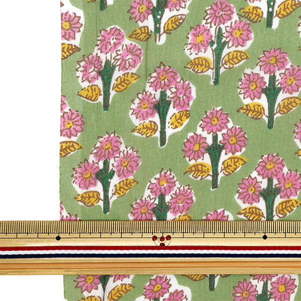 Indian Voile Print Floral Pattern Green Fabric - Yuzawaya