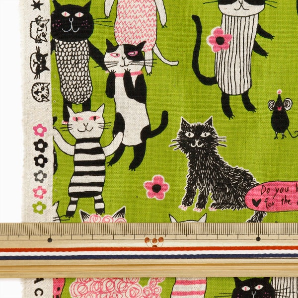 [Aus Menge 5] Stoff "Zauber von Mia Cotton Leinen Canvas Cat Series Green EPX-2020-1c" KOKKA