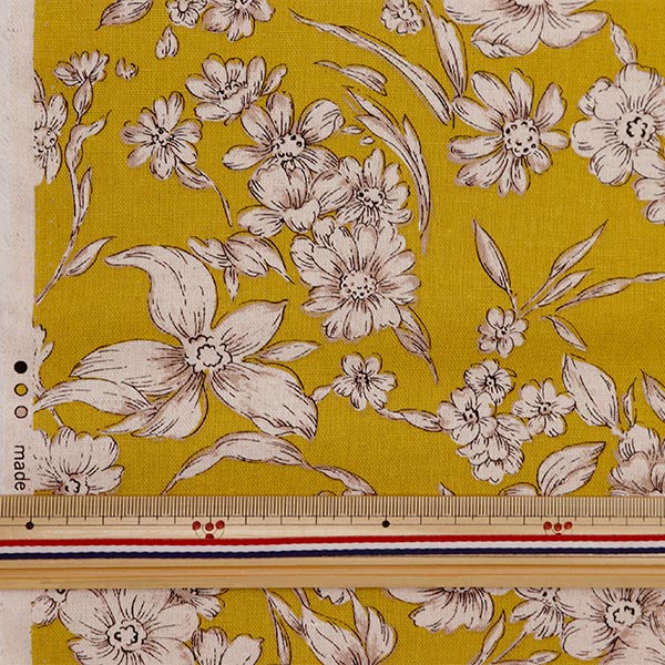 [From quantity 5] Fabric "Cotton hemp canvas etching flower yellow 38129-1C"