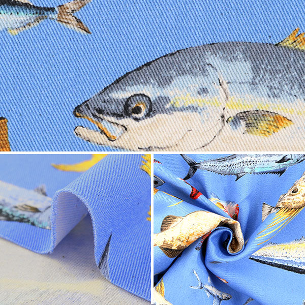 [De la quantité 5] Tissu "Twill Imprimer Tissu Twill Fish Tissu Entrée Entrée Interior B Bleu" Coton Kobayashi Cotton Kobayashi Kobayashi.