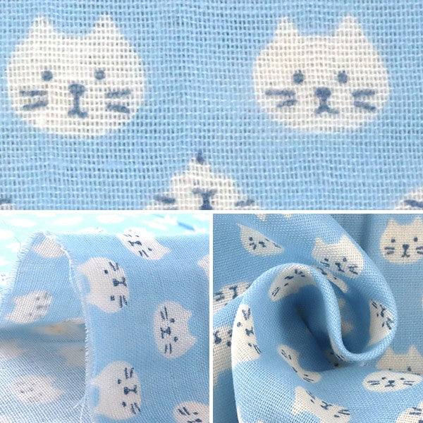 [De la quantité 5] tissu "w Gauze Cat motif de chat bleu clair KTS3744-C" Coton Kobayashi Cotton Kobayashi Kobayashi Fibre