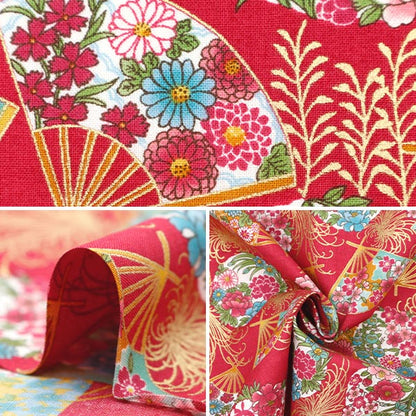 [De la cantidad 5] Fabric "Skare Golden Japonse Patrón turbulento Turbulento Chrysanthemum y Fan Red Yu850274-4-1"