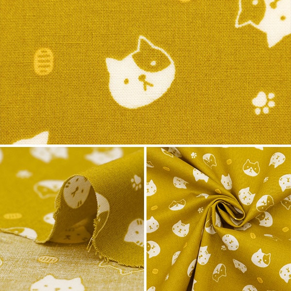 [From quantity 5] Fabric 『Scare Print Print Fukufuku cat face pepper color SQFFCATA-1A]