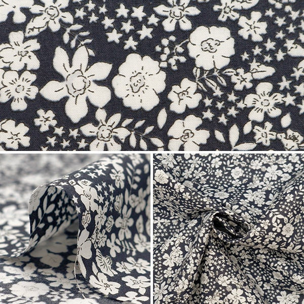 [From quantity 5] Fabric "60 loan soft texture processing drawing Fleur navy 60LA-DF-NV"