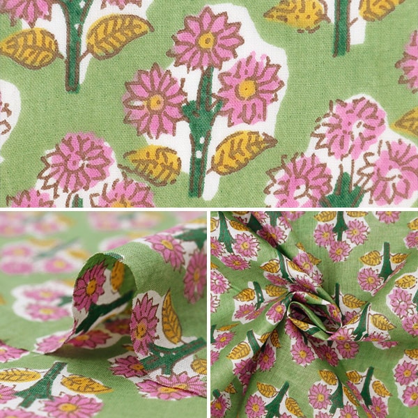 Indian Voile Print Floral Pattern Green Fabric - Yuzawaya