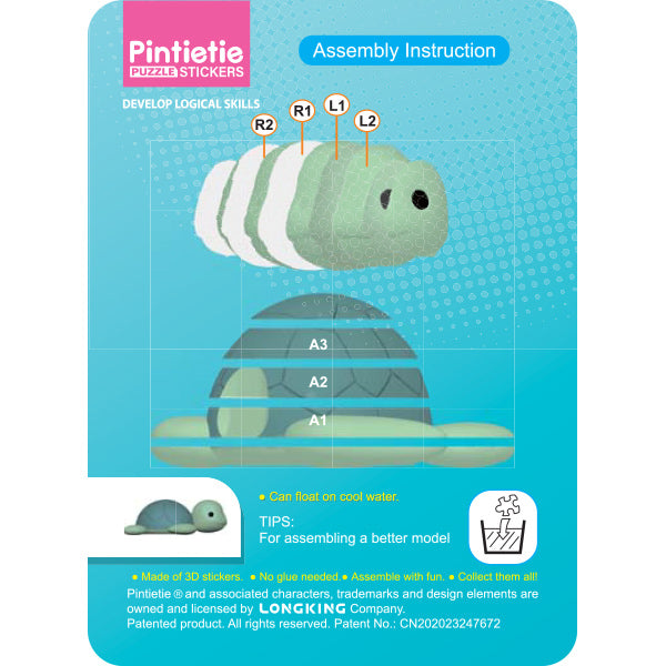 jouets "Puzzle 3D autocollant 3D, créature marine, tortue de mer, Akl1002S-2"