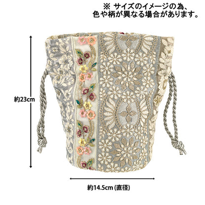 バッグ 『インド刺繍巾着バッグ 約縦23×マチ(直径)14.5cm IKB-07』
